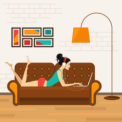 beautiful girl with laptop on sofa vector