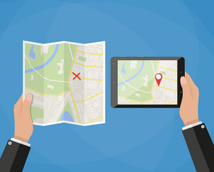 tablet navigation application and folded paper map vector image