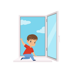 little boy playing with an open window kid vector image