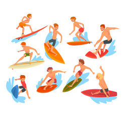 Happy surfers in beachwear riding surfboards set Vector Image