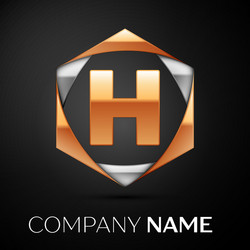 Gold letter h logo in the golden-silver hexagonal vector