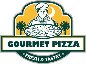 gourmet pizza chef palmetto trees shield retro Vector Image