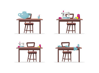 craft work tables flat color objects set vector