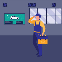 mechanic worker with toolbox in the workplace vector