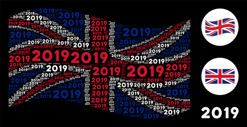 Waving british flag pattern of 2019 year texts vector