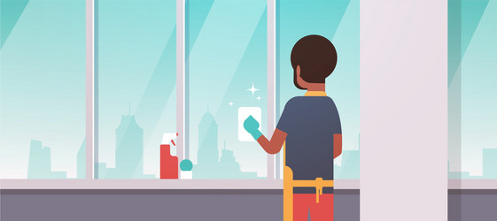 man in gloves and apron cleaning windows with rag vector image