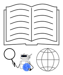 open book robot with magnifier and coin vector image