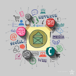 envelope and collage with web icons background vector