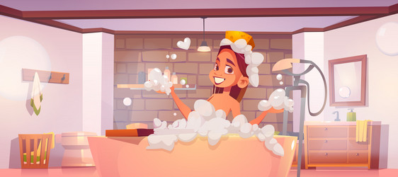 Woman taking bath with foam in bathroom vector
