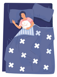 Woman with cat sleeping in bed cozy home rest vector