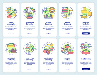 Gardening methods onboarding mobile app screen set vector