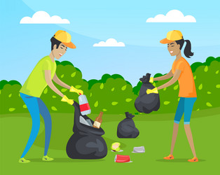 Young activists collecting garbage in the park vector