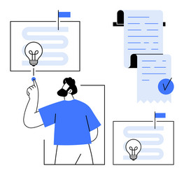 man brainstorming ideas with notes and light bulbs vector image