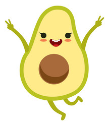 Happy face avocado joyful fruit character jumping vector