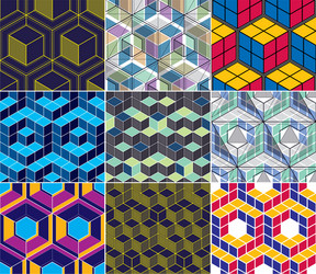 Geometric 3d lines abstract seamless patterns set vector