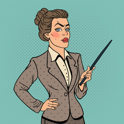 pop art business woman with pointer stick vector