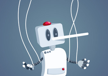 big nosed lying robot pulled by strings cartoon vector image