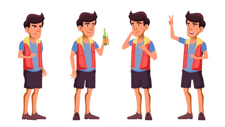 asian teen boy poses set beer hello vector