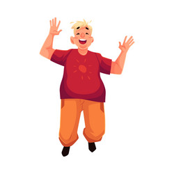 Young happy fat man in casual clothing jumping vector