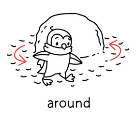 Preposition of movement penguin walk around Vector Image
