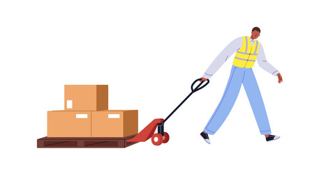 logistic storage worker pulls heap of boxes vector image