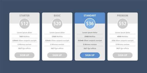 Pricing table for websites and applications vector