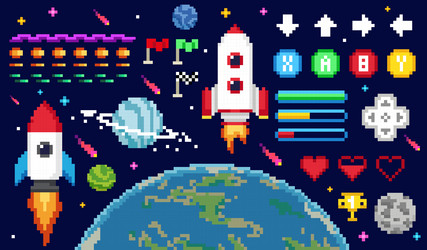 set of 8bit pixel art game asset vector image