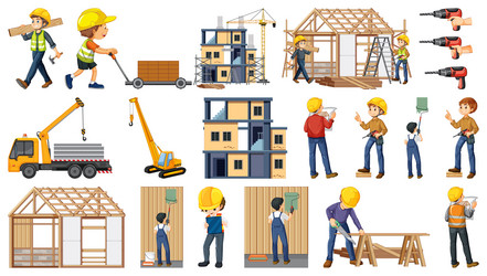 Set of construction site objects and workers vector