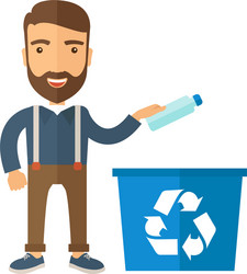 Man throwing plastic container into recycle can vector