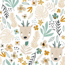 Floral Deer Pattern - Seamless Vector Image