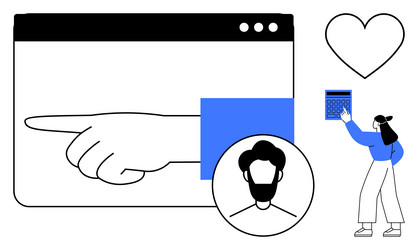 hand pointing at browser window with user profile vector image
