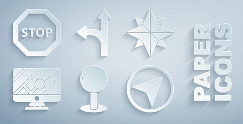 set push pin wind rose monitor with location vector image