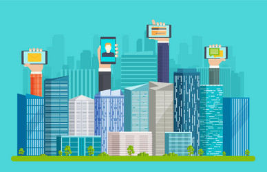 smart city with skyscrapers and hands vector