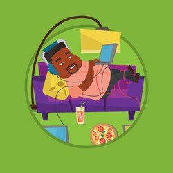 man lying on sofa with many gadgets vector image