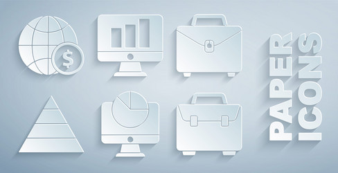 set computer monitor with graph chart briefcase vector