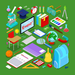 isometric education elements with computer vector image