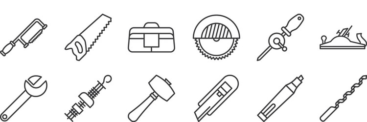 12 set linear carpentry icons thin outline vector