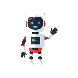 friendly robot character waving in flat minimal vector image
