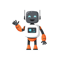 friendly robot character waving in flat minimal vector image