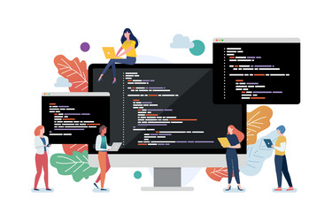 people with coding on computer screen concept vector image