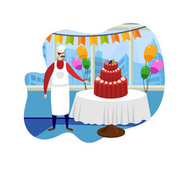 confectioner stand near table with big tasty cake vector