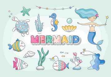 Beautiful set with mermaids in cartoon style Vector Image