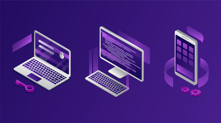 Isometric set computer laptop and smartphone vector