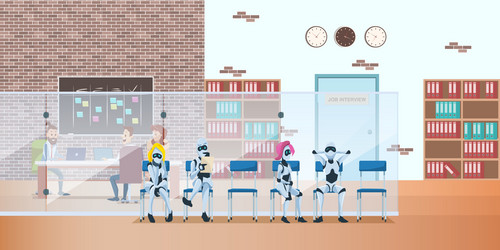 robot queue in modern office wait job interview vector image