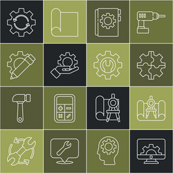 set line computer monitor and gear graphing paper vector image