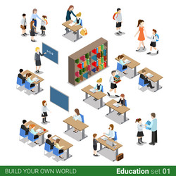 isometric flat 3d school building block pupil vector