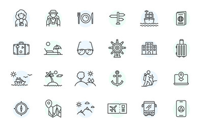 Travel line icon set tourism suitcase map vector