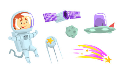 astronaut in spacesuit and flying satellite vector image