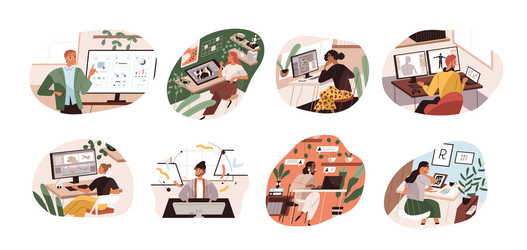 set creative workers working at computers vector image