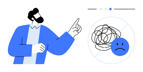 man pointing at disorganized thoughts and sad face vector image
